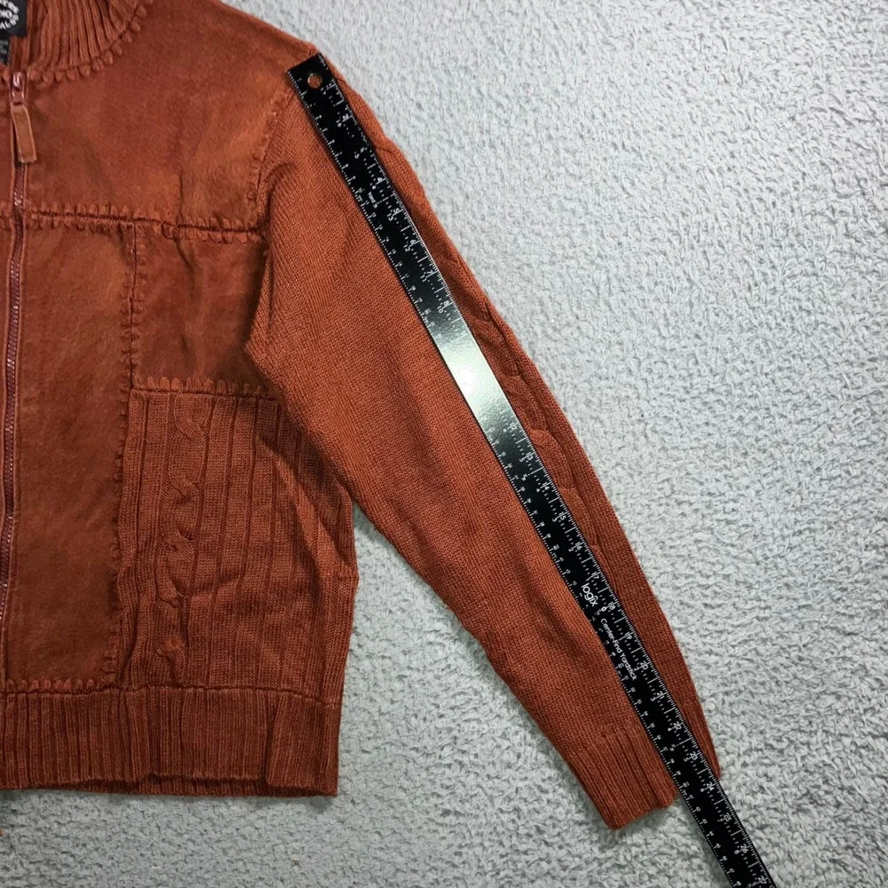 Vtg Leather Patchwork Sweater Mens L Rust Orange Knit‎ Two Way Zip Mock Neck y2k